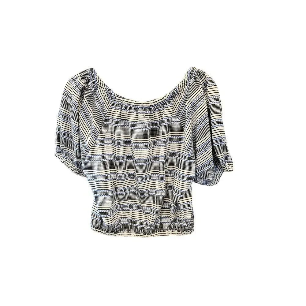 Madewell Jacquard Keyhole Puff Sleeve Crop Top Stripe chambray boho S EUC